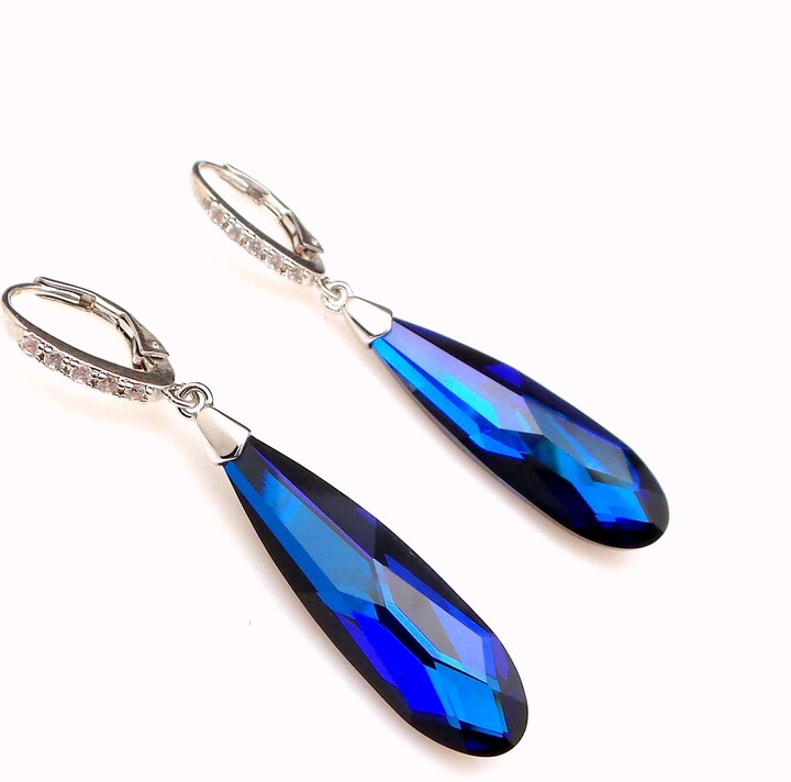 Etsy 925 Sterling Silver Last Pair Bridal Earrings Wedding Jewelry Bridesmaid Gift Christmas Bermuda Blue Long Teardrop Crystal Lever Back Hook