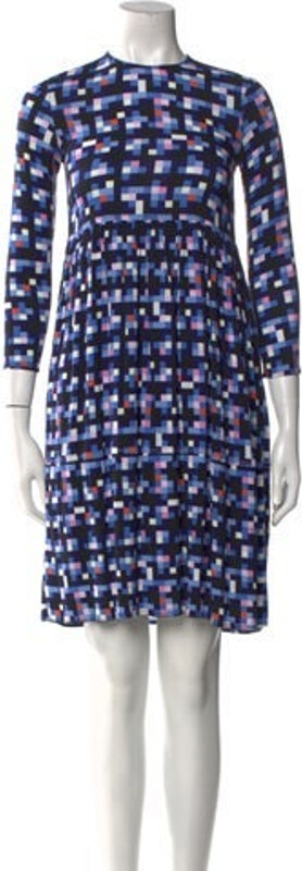 Marni Shift Dress Blue Plaid Print Ruffle Embellishment Three-Quarter Sleeve with Crew Neck Concealed Zip Closure at Back Designer