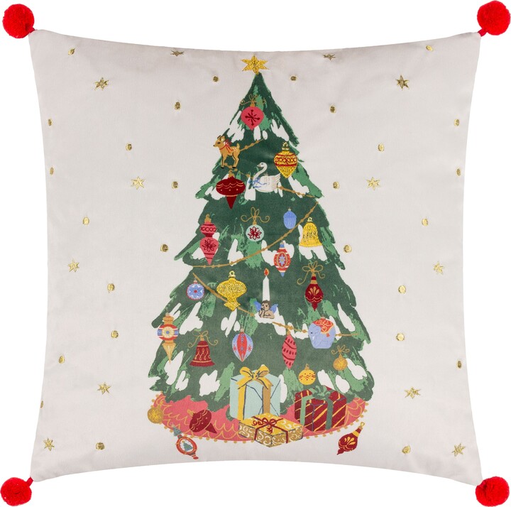 Dunelm Beaded Christmas Trees Rectangular Cushion Natural