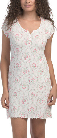 TJMAXX Floral Ribbed Short Sleeve Henley Lettuce Edge Sleepshirt For Women, Spandex/Polyester