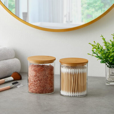 Latitude Run Glass Cotton Swab Holder Dispenser With Bamboo Lid - 2 Pack Apothecary Jars - Cotton Balls Pads Swabs Holder Jar - Bathroom Vanity Canisters Jars For