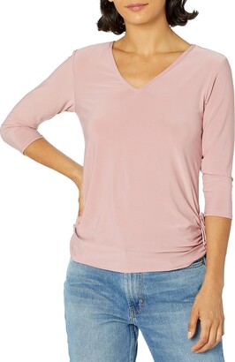 Star Vixen Womens 3/4 Sleeve V Neck Top with Ruched Side Detail 