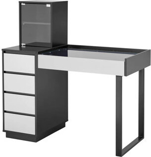 Ebern Designs Ellana SlayStation Duet Glass top Makeup Mirror Storage with Drawer, Vanity Modern Desk with Drawers
