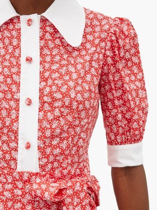 Batsheva Tie-waist Floral-print Cotton Dress - Red