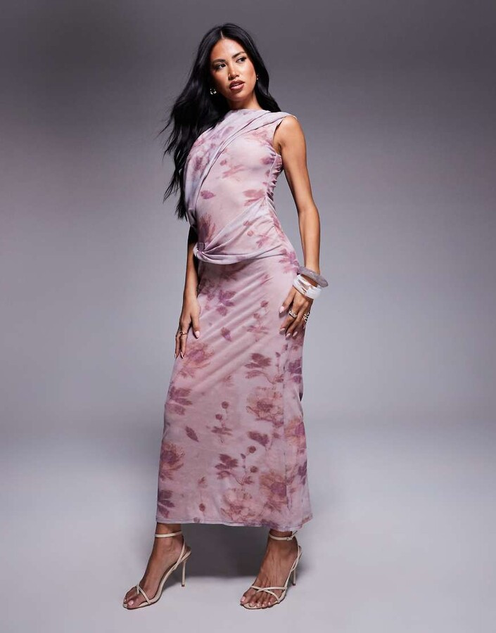 ASOS DESIGN printed mesh draped one shoulder midi dress in blurred floral print