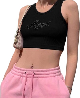 Burkashear Y2K Women Summer Tank Top E-Girls Sexy 90s Sleeveless Crewneck  Solid Color Blouses Ladies Letter Printed Cropped Crop Tops Teen Camisole  Angel Corset Embroidery Clubwear (Pink - ShopStyle