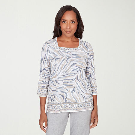 Alfred Dunner Comfort And Joy Womens Square Neck 3/4 Sleeve T-Shirt