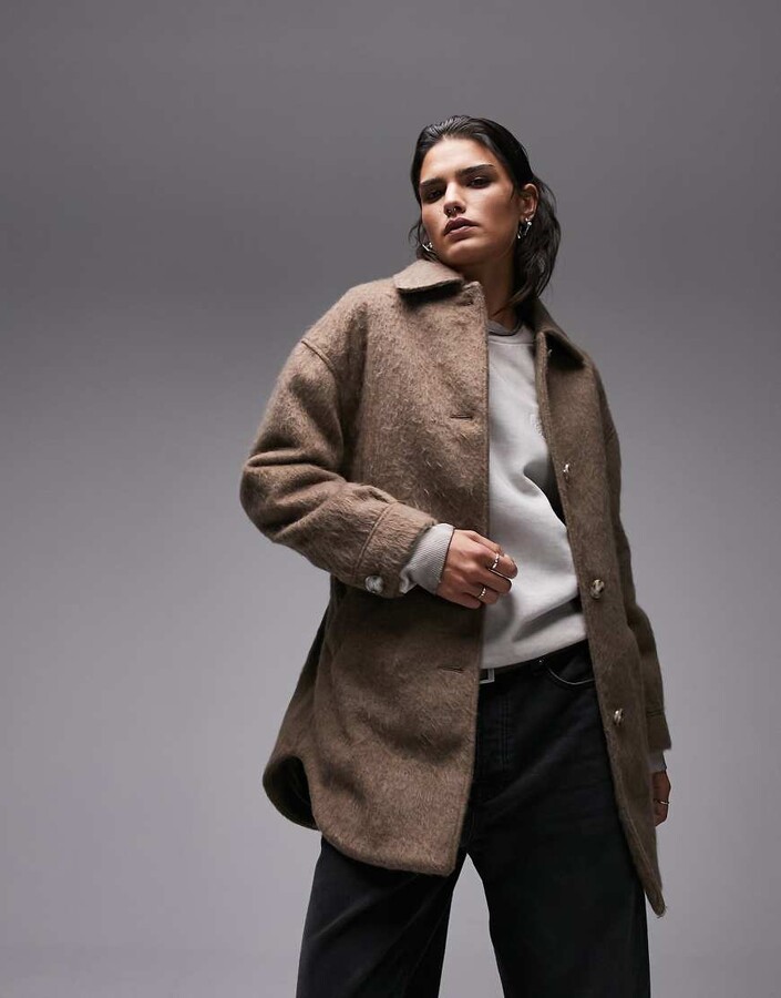 Topshop belted brushed shacket in mink ShopStyle Jackets