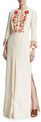 Tory Burch Embroidered Long-Sleeve Linen Gown, Ivory