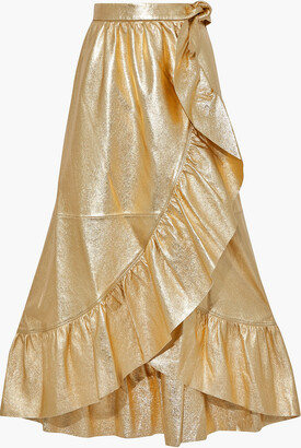 Zimmermann Ladybeetle ruffled metallic textured-leather midi wrap skirt