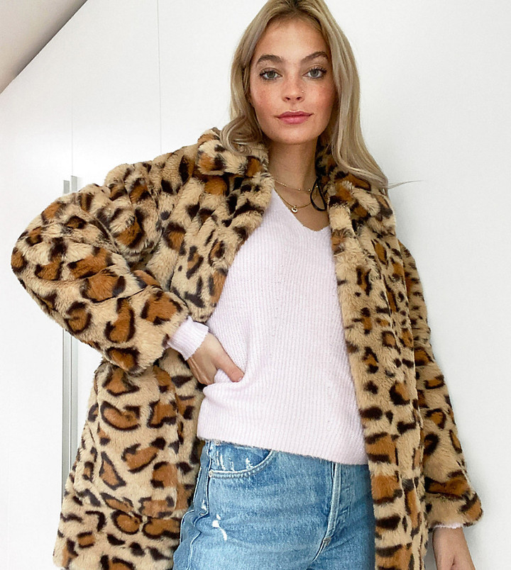 Topshop Petite faux fur coat in leopard print - ShopStyle