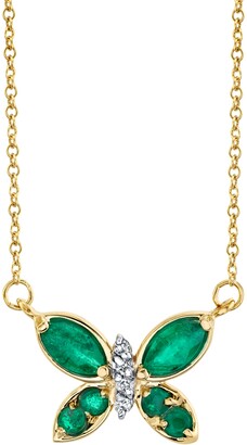 Macy's Emerald (5/8 ct. t.w.) & Diamond (1/20 ct. t.w.) Butterfly 18" Pendant Necklace in 14k Gold