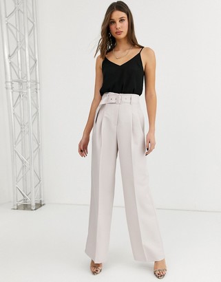 ASOS Tall ASOS DESIGN Tall belted wide leg trousers in stone
