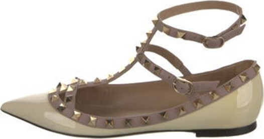 Valentino Patent Leather Ballet Flats Neutrals Colorblock Pattern Rockstud Accents Leather Trim Pointed-Toes with Studded Accents Multistrap & Buckle Closure at Ankles Designer