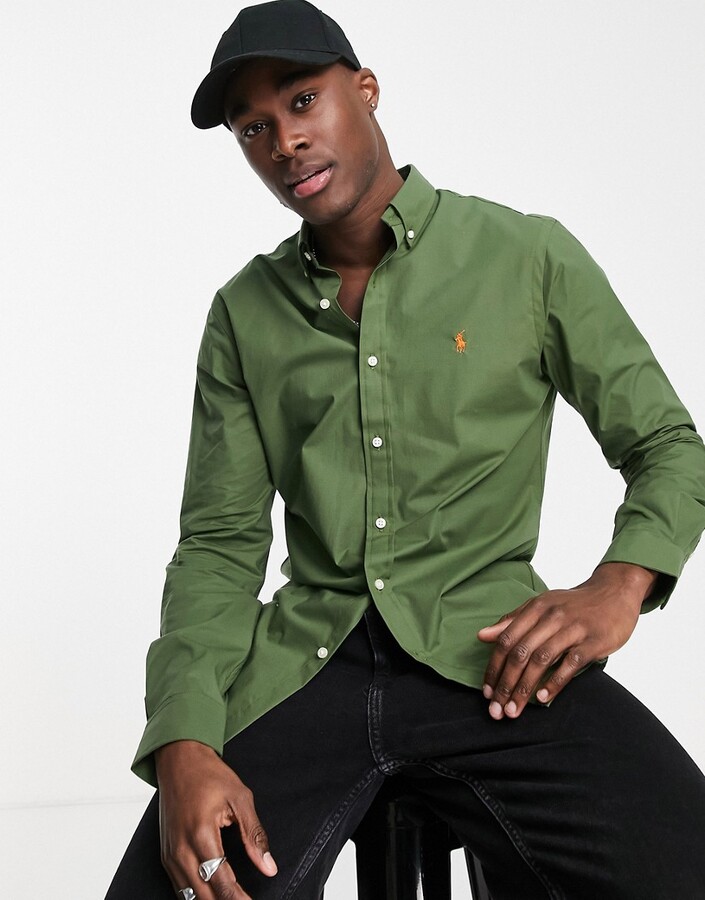 Polo Ralph Lauren icon logo slim fit poplin shirt in olive green - ShopStyle