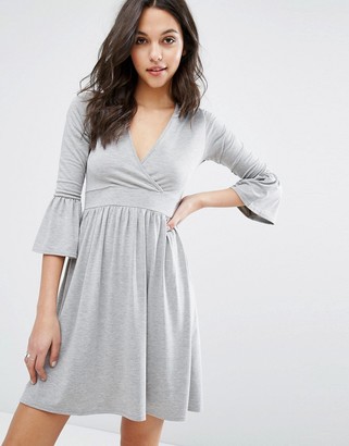 boohoo Wrap Over Skater Dress With Fluted Cuffs