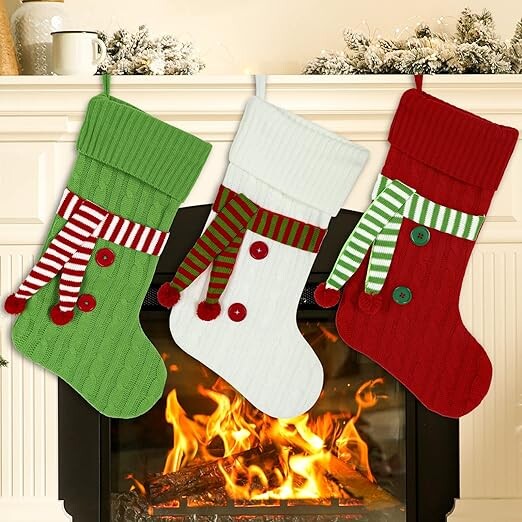 Whaline 3 Pack Knitted Christmas Stocking with Scarf Red Green White Hanging Stockings Classic Xmas Hanging Decorations for Christmas Party Home Fireplace Decor Family Friend Gift, 20inch
