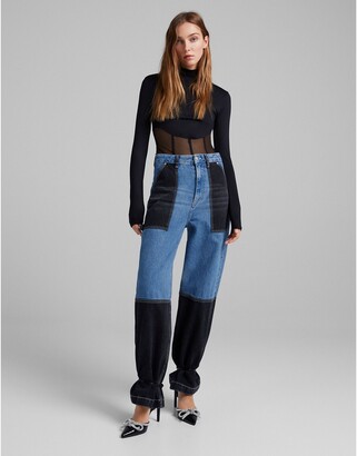 Bershka patchwork carpenter wide leg jeans in blue and black - ShopStyle