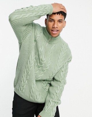 ASOS DESIGN cable knit half zip jumper in green - ShopStyle