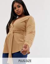 Thumbnail for your product : PrettyLittleThing Plus Plus blouse with tie waist in camel