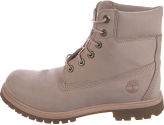 Timberland Nubuck Ankle Combat Boots Pink Round-Toes Lace-Up Closure at Uppers