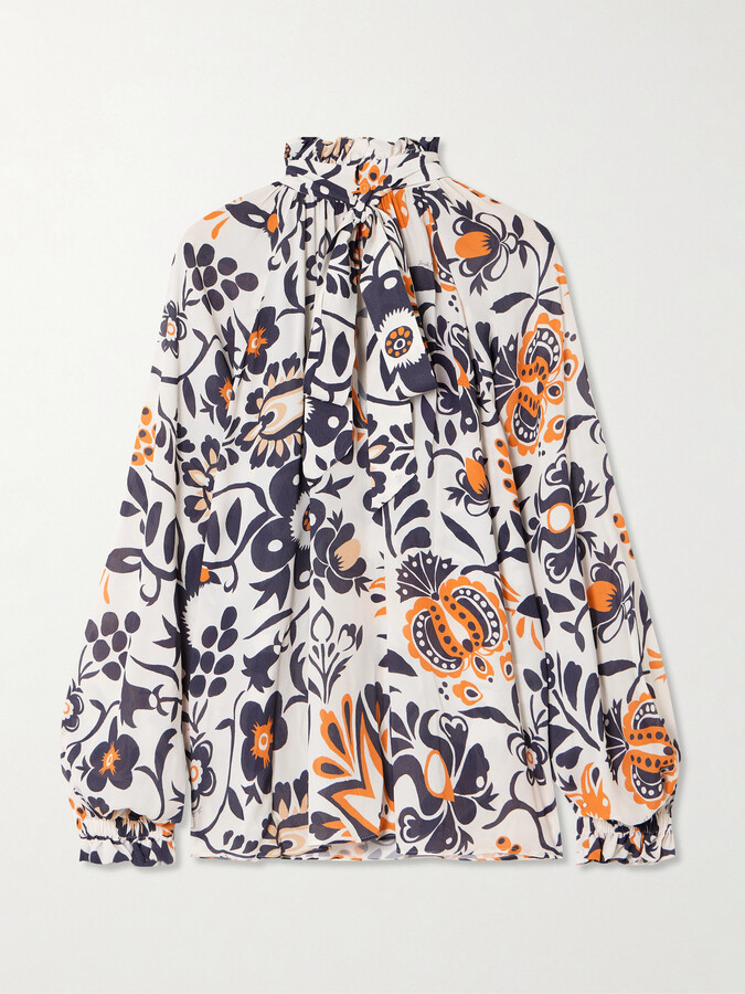 La DoubleJ Cerere Ruffled Tie-detailed Printed Crepe Blouse - White