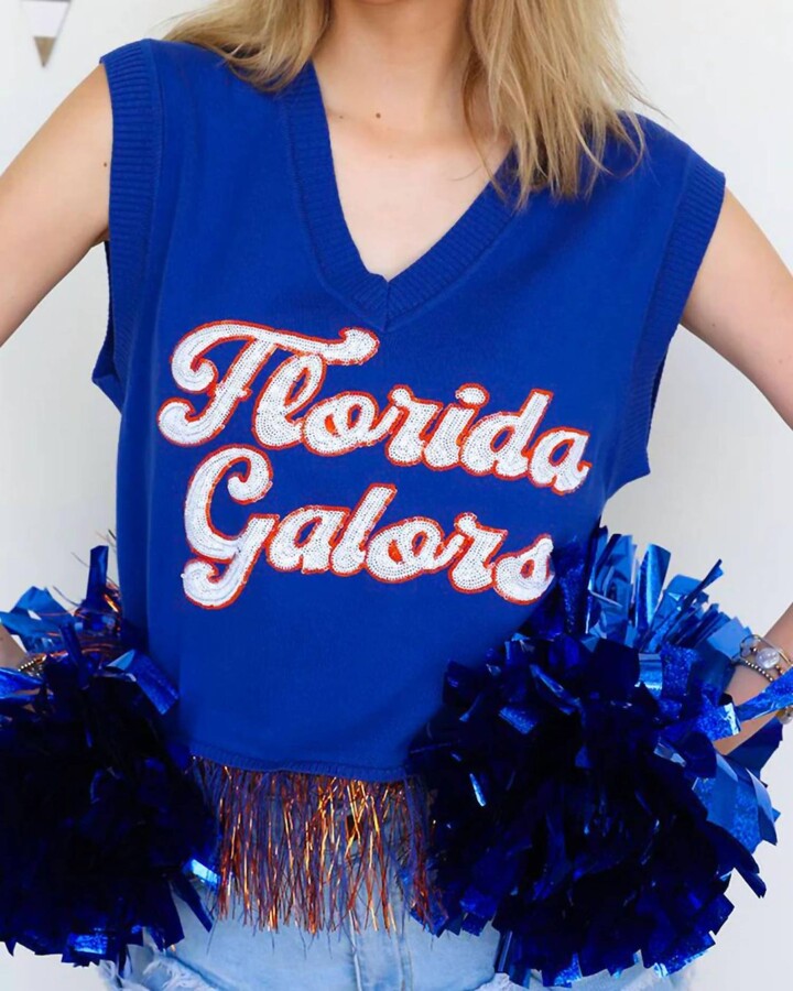 QUEEN OF SPARKLES Licensed Florida Feather Bottom Tank Sweater In Blue
