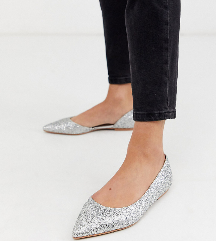 wide silver flat shoes