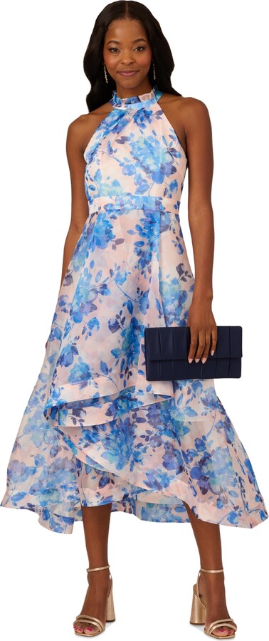 Adrianna Papell Women's Floral Print Halter High-Low Midi Dress - Blush/Blue