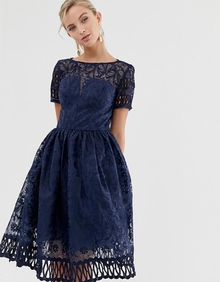 Chi Chi London premium lace dress with cutwork detail and cap sleeve in  navy - ShopStyle