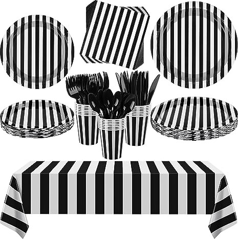 durony 113 Pieces Black and White Striped Halloween Party Supplies Table Decorations Includes Paper Napkins, Cups, Plates, Knives, Forks, Spoons, Tablecloth for Halloween Party