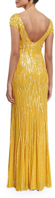 Jenny Packham Cap-Sleeve Embellished Gown, Honey Bee