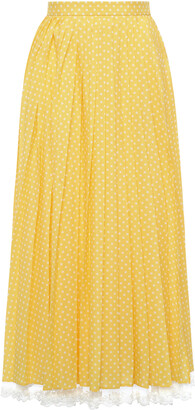 Miu Miu Lace-Trimmed Pleated Polka-Dot Crepe Midi Skirt