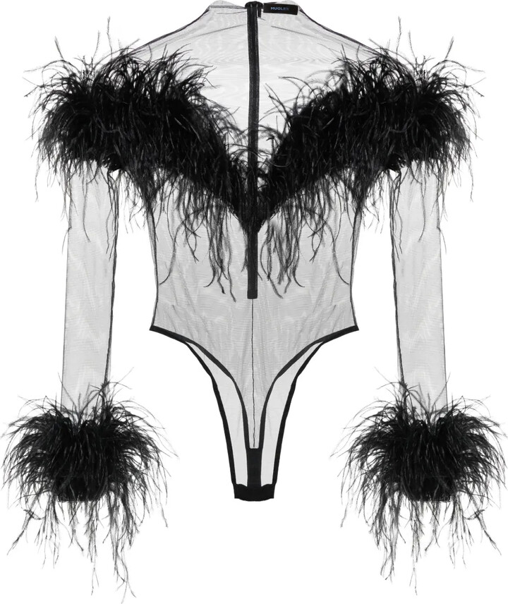 Thierry Mugler Feather-Trim Mesh Bodysuit