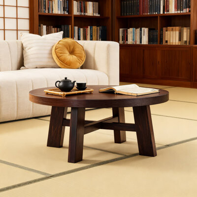 caimen Modern Farmhouse Round Coffee Table Solid Wood Construction Spacious Top Easy Assembly For Living Room Bedroom