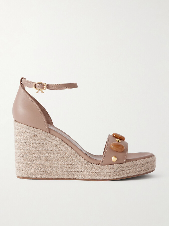 Gianvito Rossi 70 Embellished Leather Espadrille Wedge Sandals - Neutrals