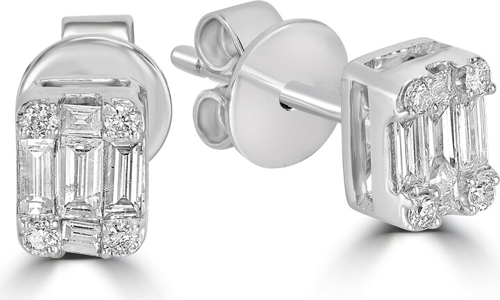 Artisan Baguette & Round Diamond Cluster Stud Earrings In 18K White Gold