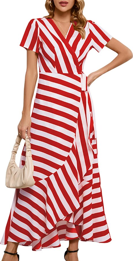 clear wind Women's Stripe Patchwork Ruffle Wrap Long Formal Dress Red M ...