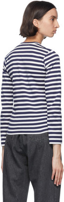 Comme des Garcons Play Navy and White Striped Heart Patch Long Sleeve T-Shirt