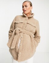 Thumbnail for your product : Mama Licious Mamalicious Maternity recycled sherpa teddy jacket with tie waist in camel