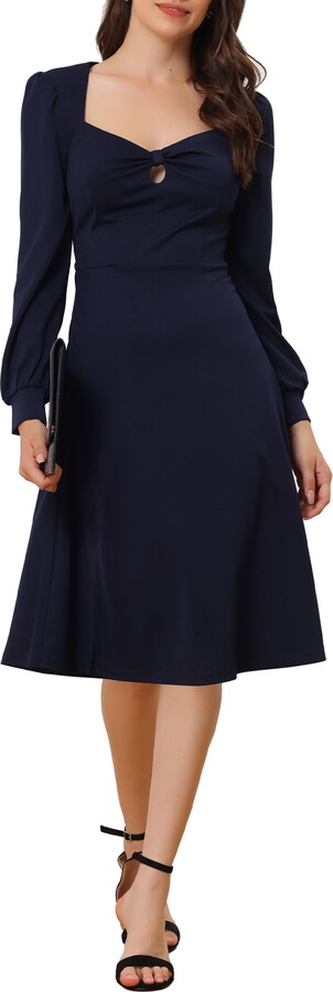 Unique Bargains Women’s Neck Keyhole Front Split Midi Elegant Cocktail Dress Dark Blue XS
