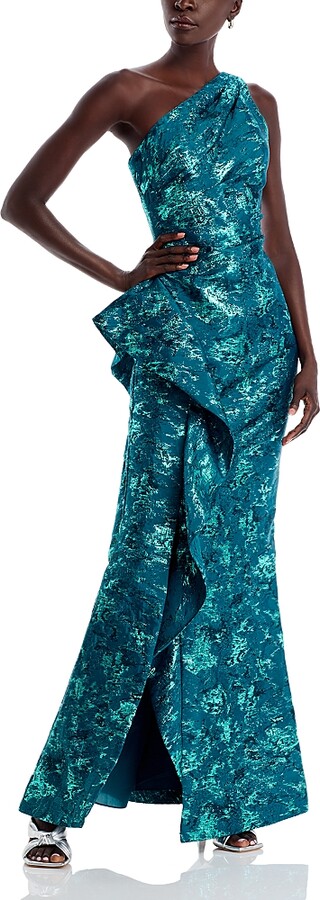 Teri Jon by Rickie Freeman Metallic Jacquard One-Shoulder Gown