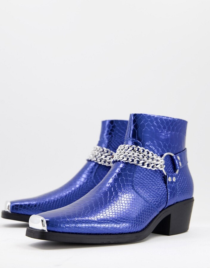 Asos Design Cuban Heel Western Chelsea Boots In Blue Patent With Silver  Chain - Shopstyle