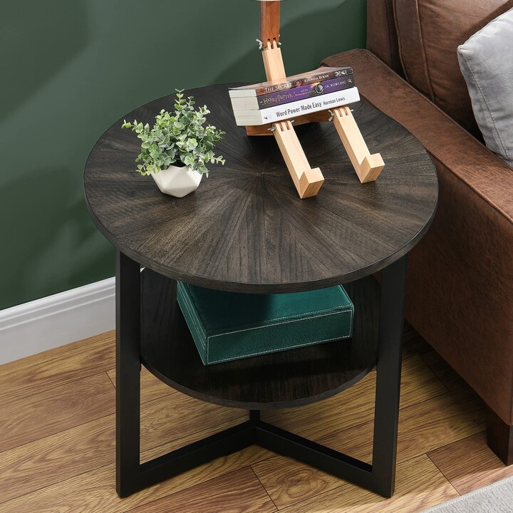 EPOWP Large Round End Table with Storage Shelf, Rustic Circular Sofa Side Black Metal Legs