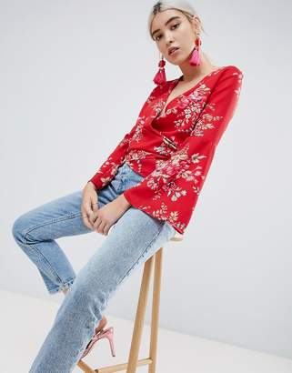 boohoo Floral Tie Side Wrap Blouse