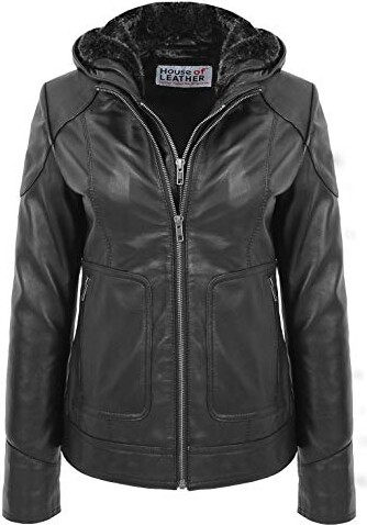 House Of Leather Womens Real Leather Jacket Detachable Hoodie Biker ...