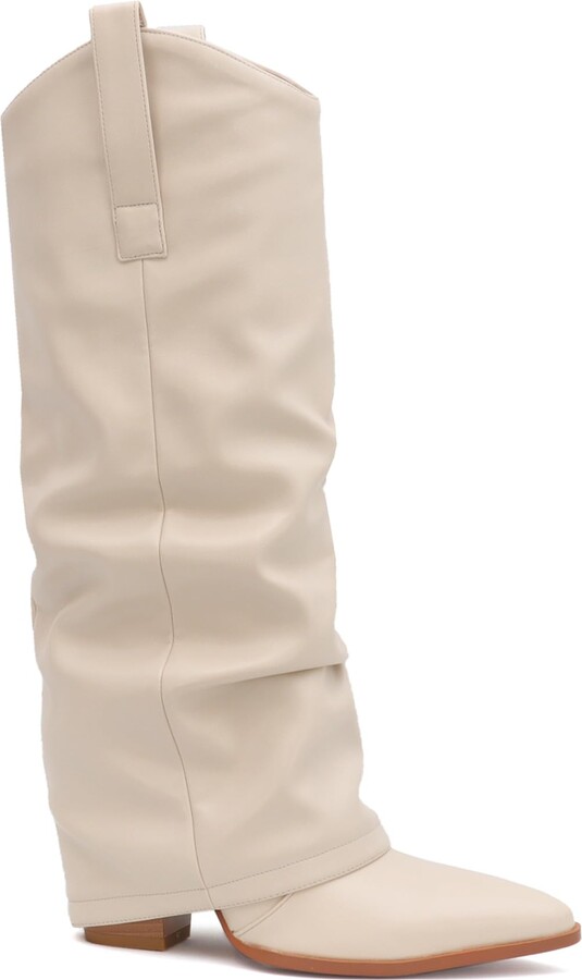 Yoki KWEEN Women's Foldover Faux Leather Knee-High Western Boot With Block Heel