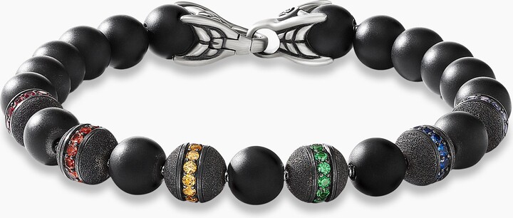 David Yurman Spiritual Beads Rainbow Bracelet in Sterling Silver with Black Onyx, Sapphires and Tsavorites, 8mm Men's Size Large