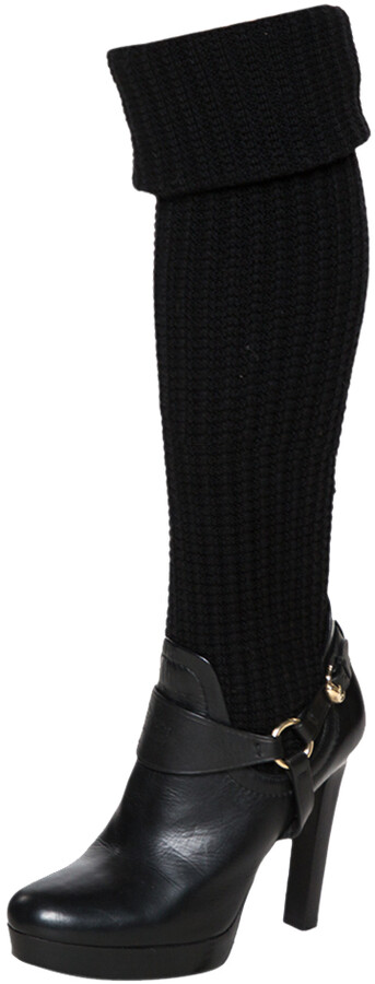 Gucci Black Leather And Wool Fabric Aspen Over The Knee Boots Size 39 ...