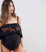 Thumbnail for your product : ASOS Maternity Floral Embroidered Frill Bardot Swimsuit